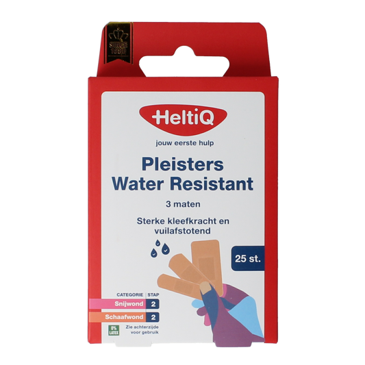Water-resistant Heltiq pleisters, 3 sizes, 25 pack, for wound care, shown in the image.