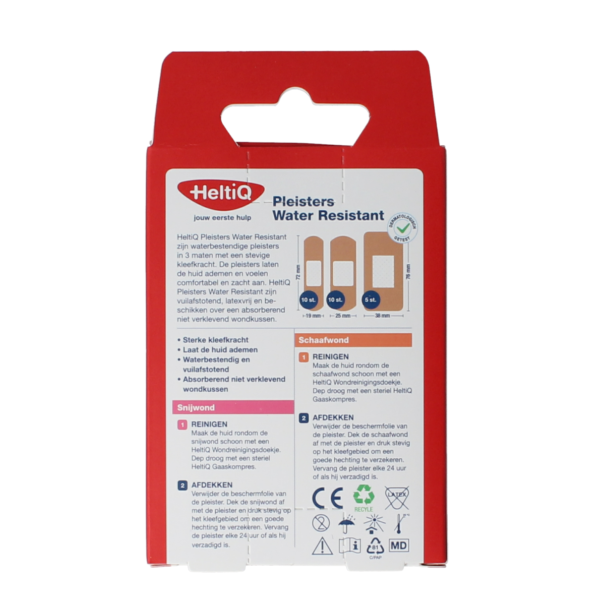 Water-resistant Heltiq plaster bandages in three sizes, shown in a pack with 25 pieces for wound care.