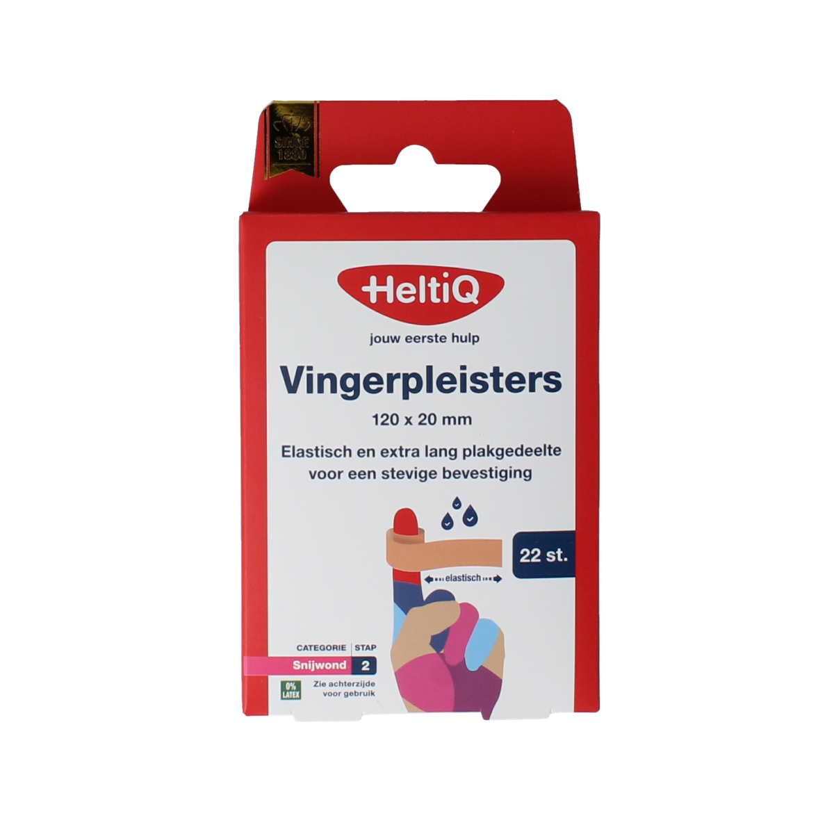 Heltiq Vingerpleisters 120x20mm, a box of 22 adhesive bandages designed for finger injuries, with white tape and flexible material.