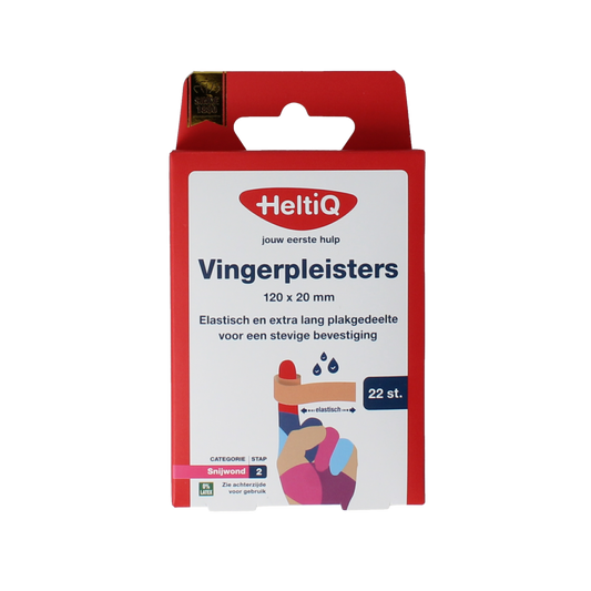 Heltiq Vingerpleisters 120x20mm, a box of 22 adhesive bandages designed for finger injuries, with white tape and flexible material.