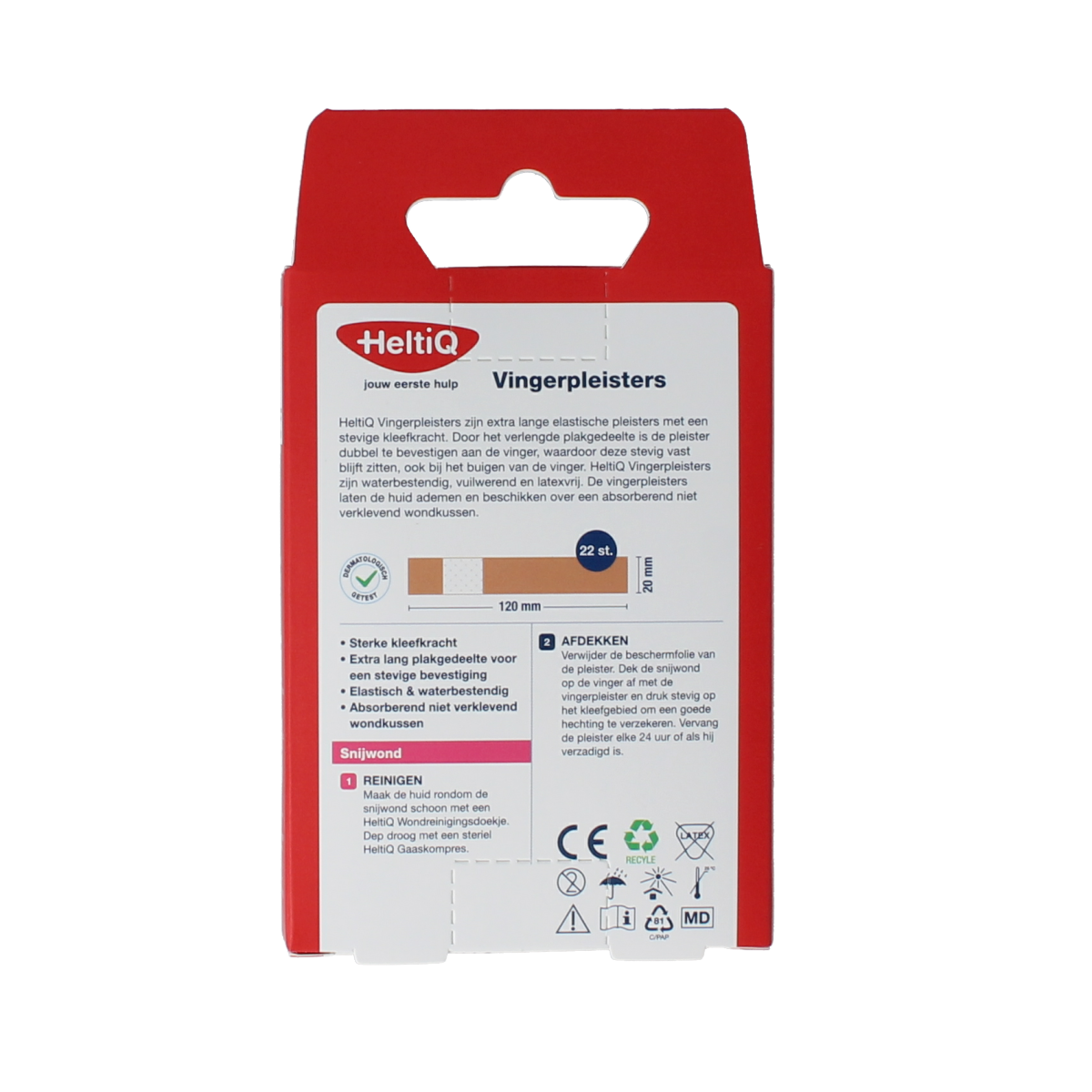 Heltiq Vingerpleisters 120x20mm, box of 22, adhesive bandages for finger injuries, in sealed packaging.