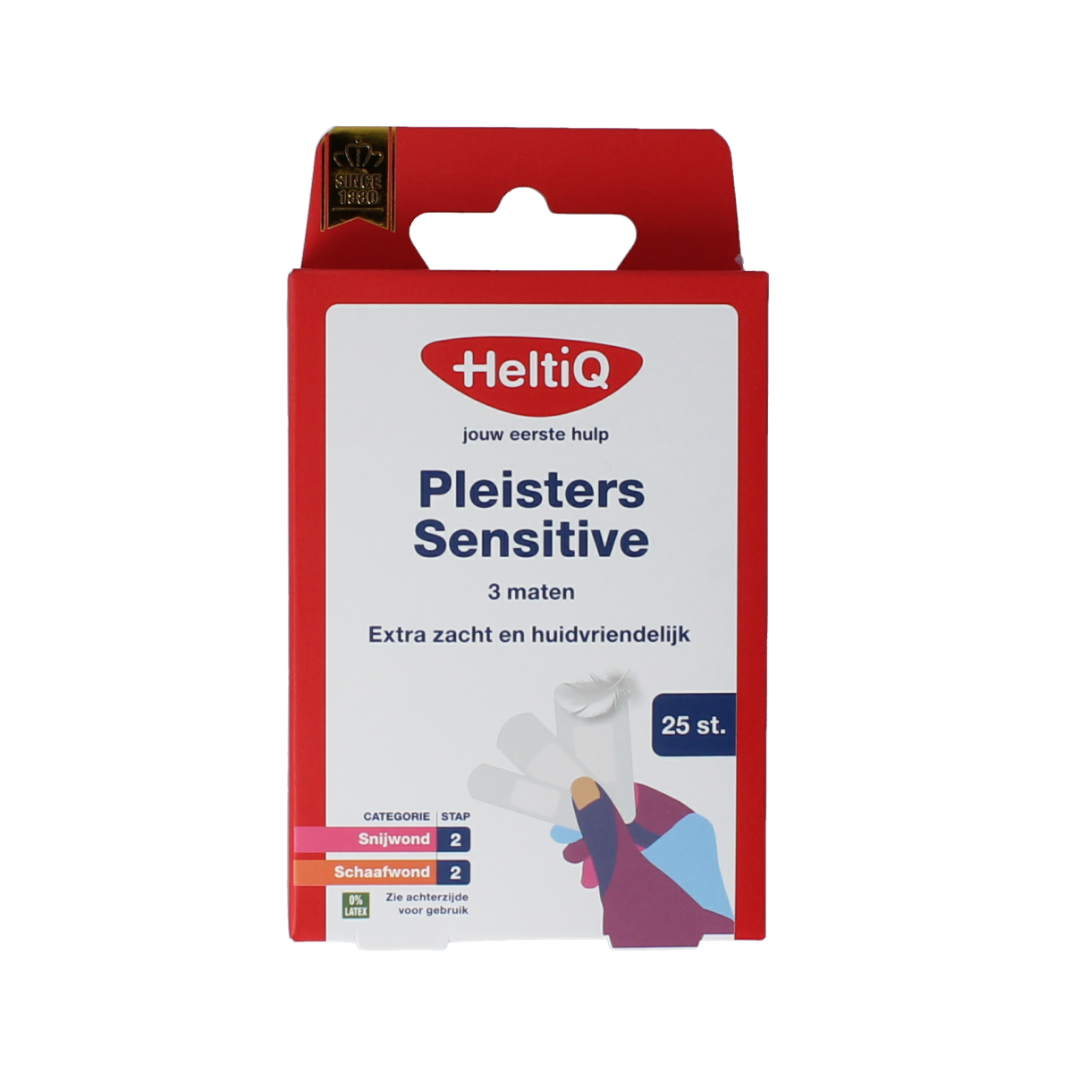 Heltiq Pleisters Sensitive in three sizes, 25 pack, with adhesive tape for gentle skin protection.