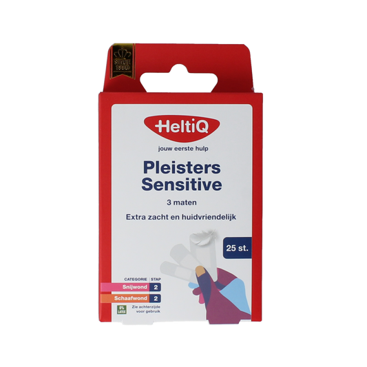 Heltiq Pleisters Sensitive in three sizes, 25 pack, with adhesive tape for gentle skin protection.