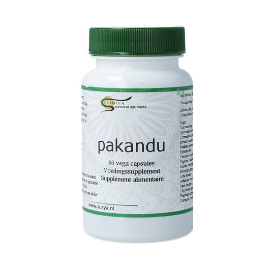 Surya Pakandu herbal supplement capsules in a bottle, part of Surya's Kruidenpreparaten product line.