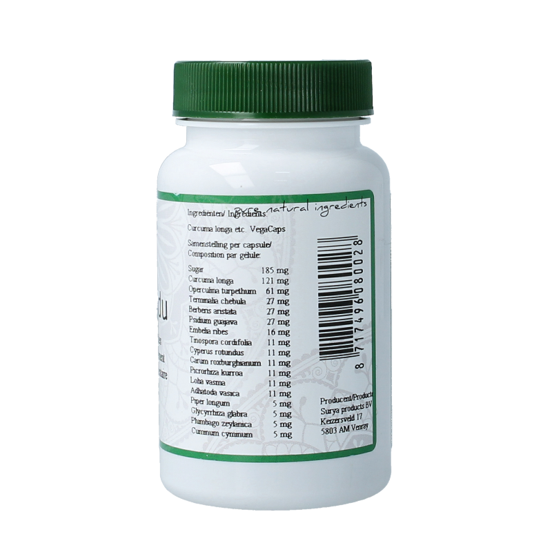 Surya Pakandu kruidencapsules in a blister pack, herbal supplement from Surya brand, 60 capsules for natural health support.
