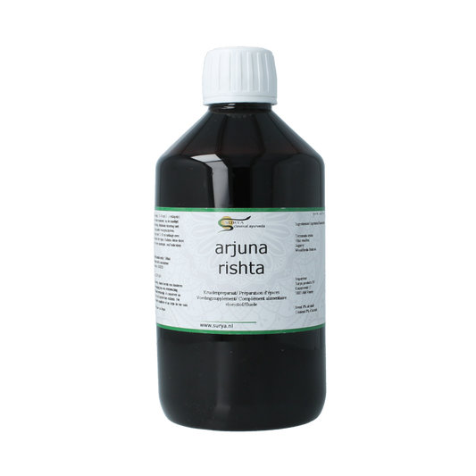 Surya Arjuna rishta herbal supplement in 500ml bottle, part of Surya kruidenpreparaten collection, with label details visible.