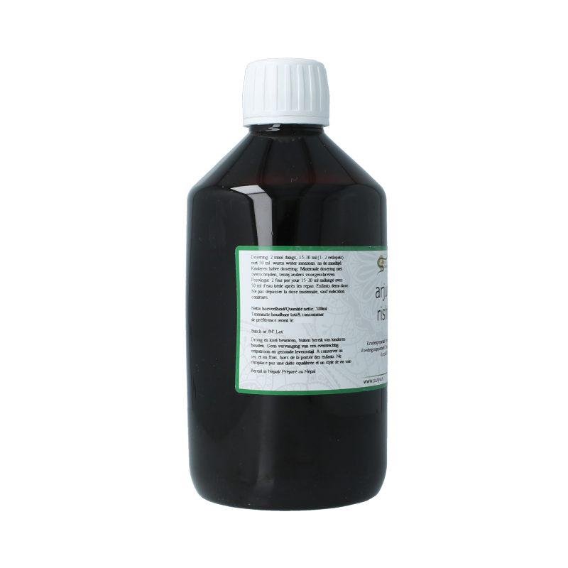 Surya Arjuna rishta herbal supplement in a 500ml bottle, part of Surya's Kruidenpreparaten collection, shown in the image.