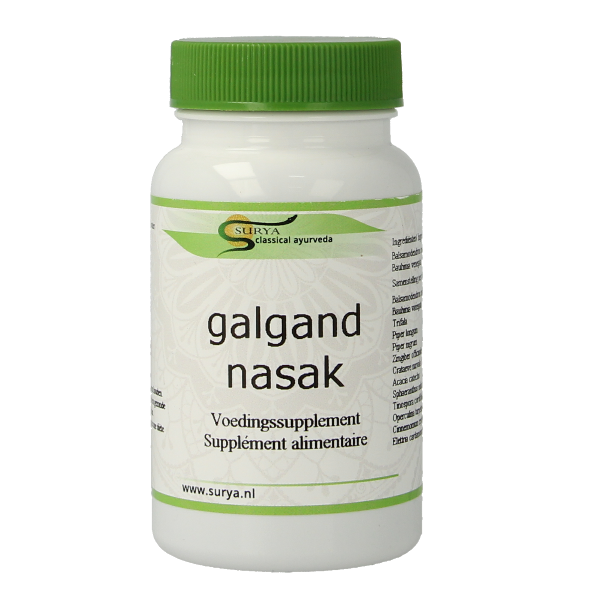 Surya Galgand Nasak herbal supplement packaging with 60 tablets, natural Kruidenpreparaten product for wellness.