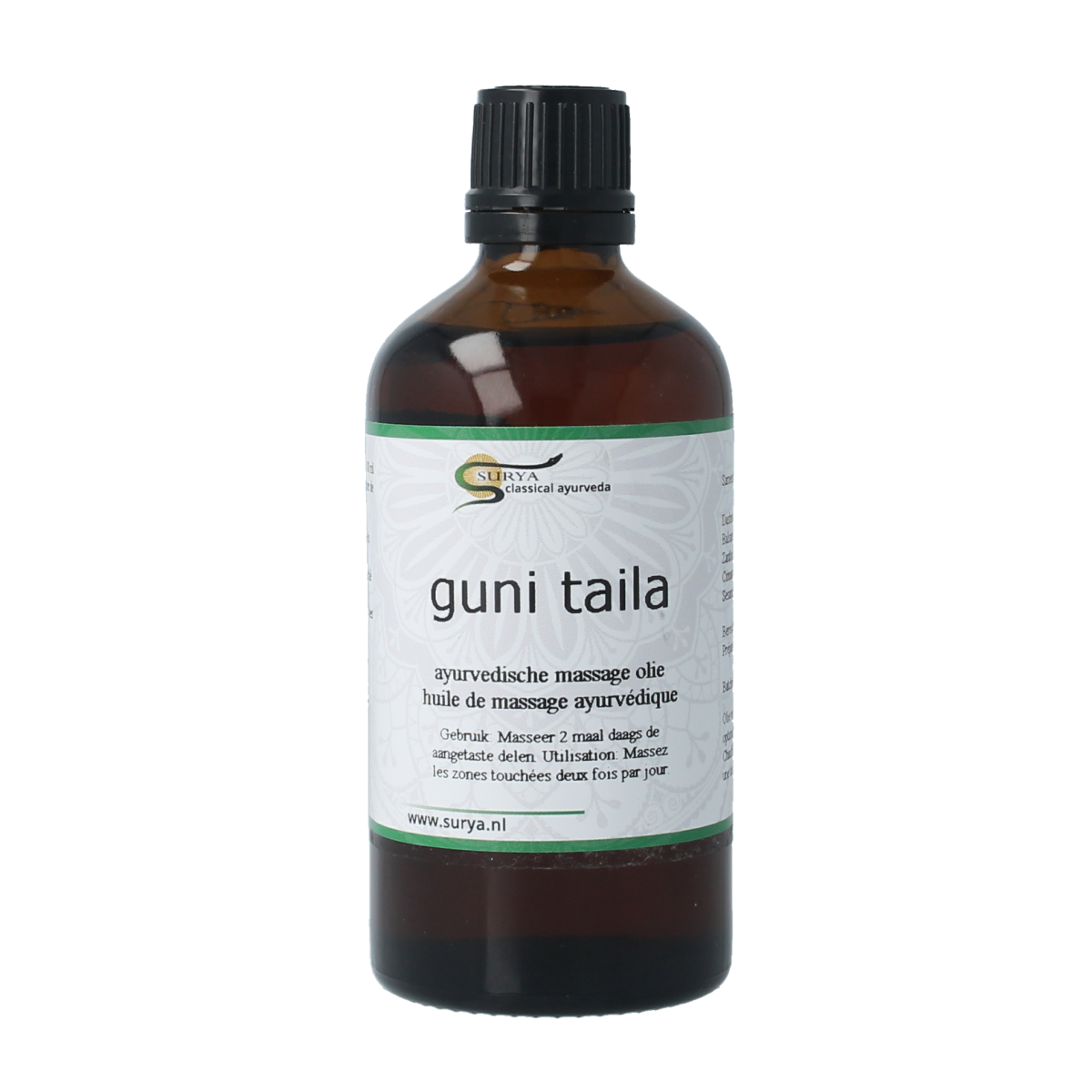 Surya Guni Taila 100ml herbal body oil in a clear glass bottle with a white cap, used for natural body care.