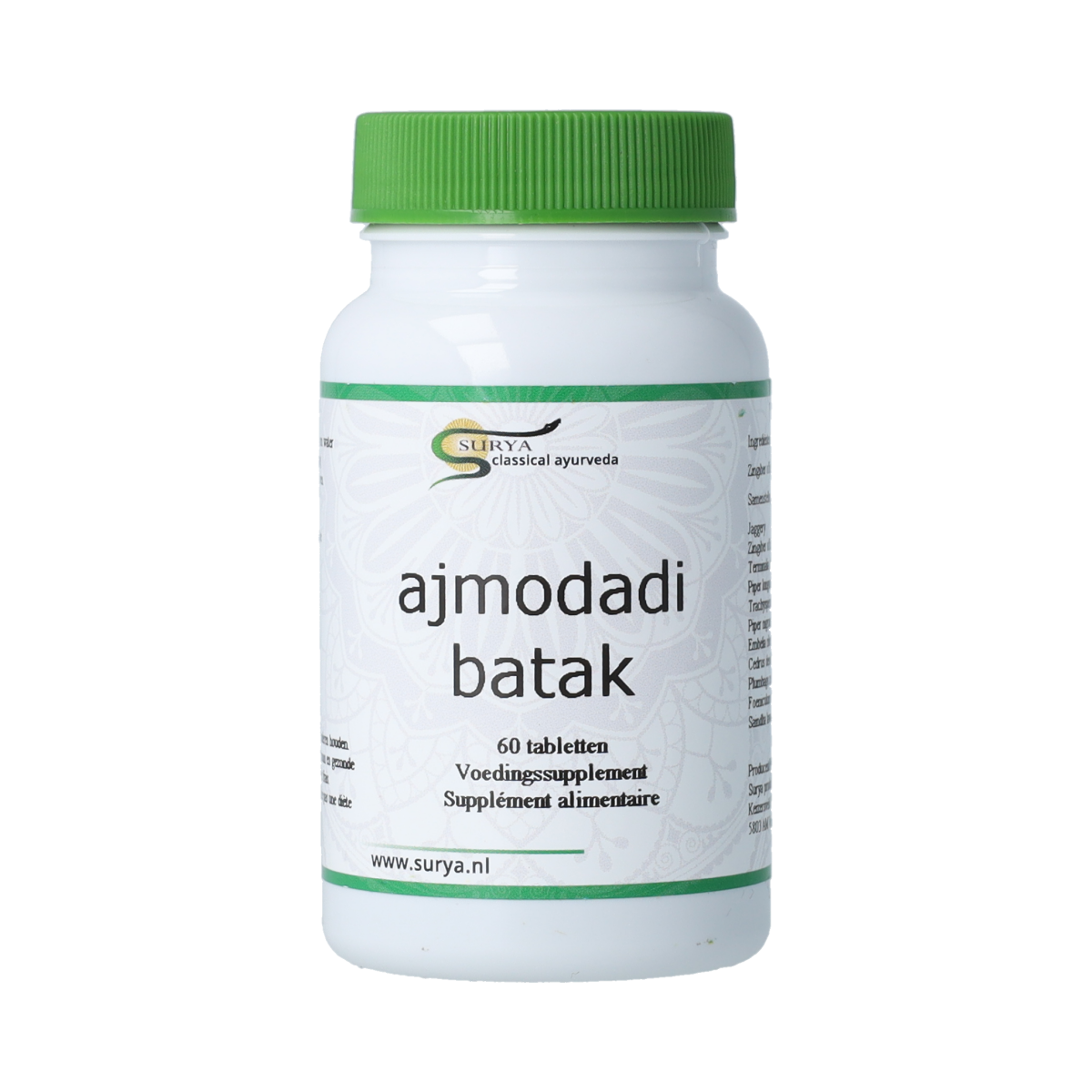 Surya Ajmodadi batak herbal supplement capsules, 60 pieces, in a clear container with herbal ingredients on the label.