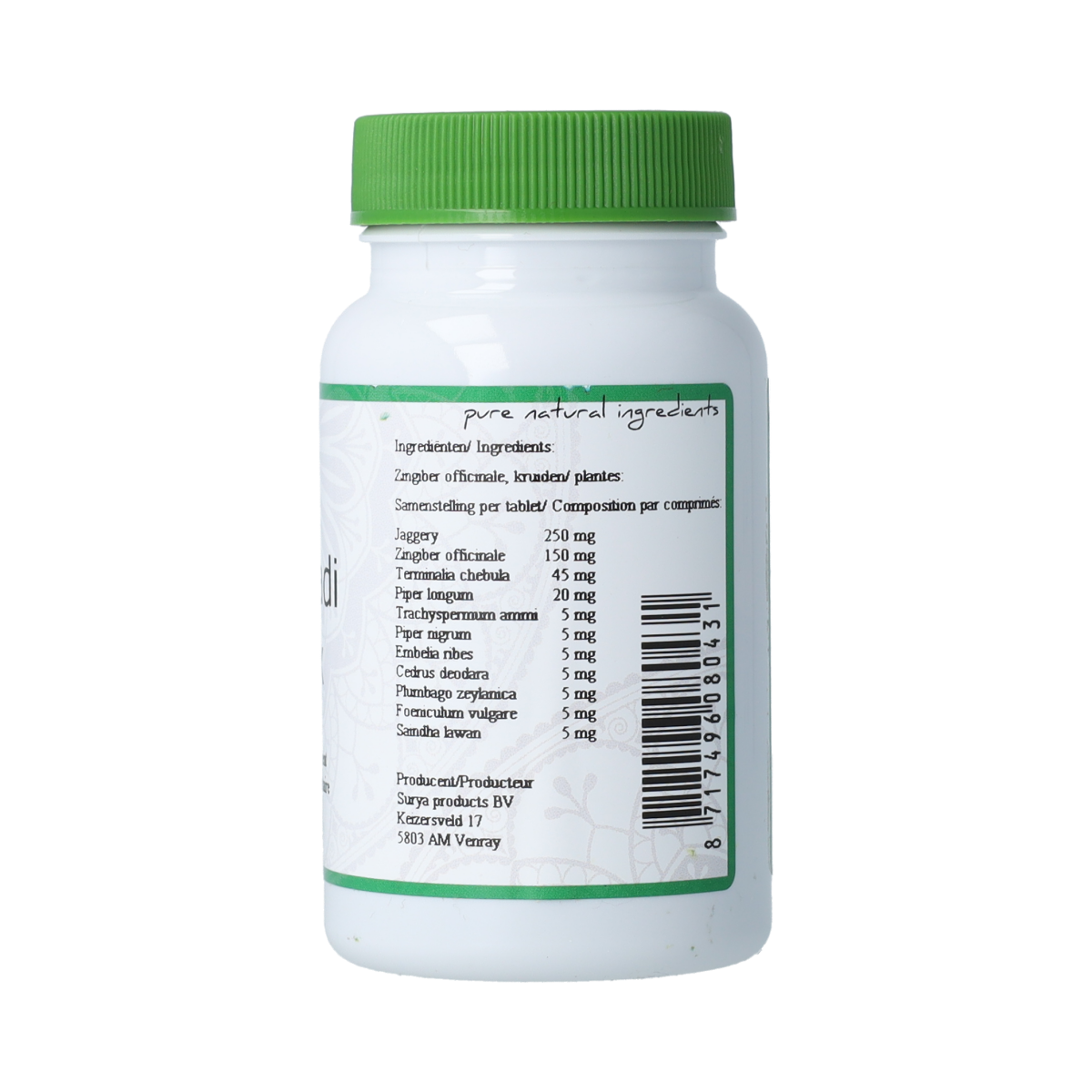 Surya Ajmodadi Kruidenpreparaten, 60 stuks, showing herbal supplement capsules in a transparent container.