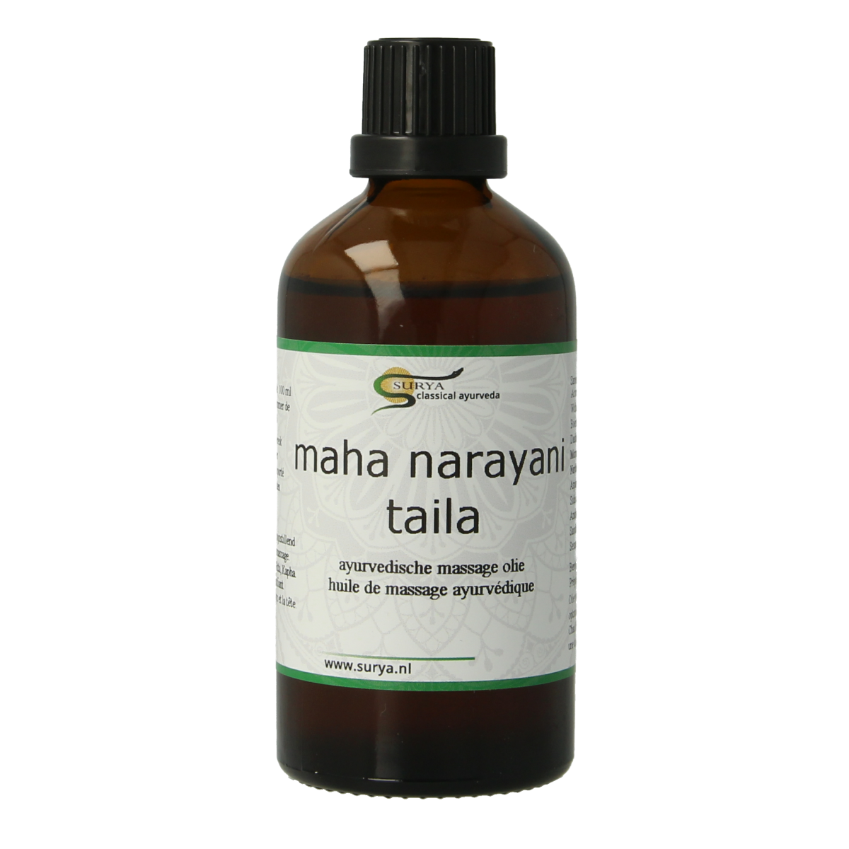 Surya Mahanarayani taila 100ml bottle, traditional Indian body care oil with a golden liquid appearance and natural ingredients.