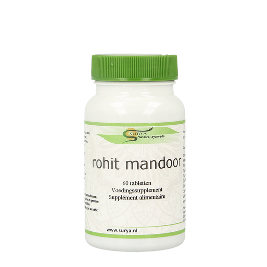Surya Rohit Mandoor herbal supplement tablets in a blister pack, natural herbal remedy for overall wellness.