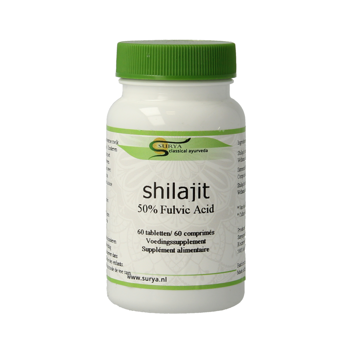Surya Shilajit herbal supplement tablets in blister pack, 60 count, natural kruidenpreparaten product for health and wellness