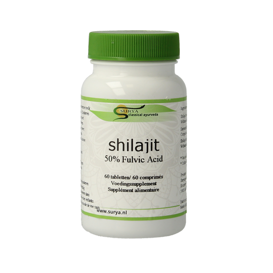 Surya Shilajit herbal supplement tablets in blister pack, 60 count, natural kruidenpreparaten product for health and wellness
