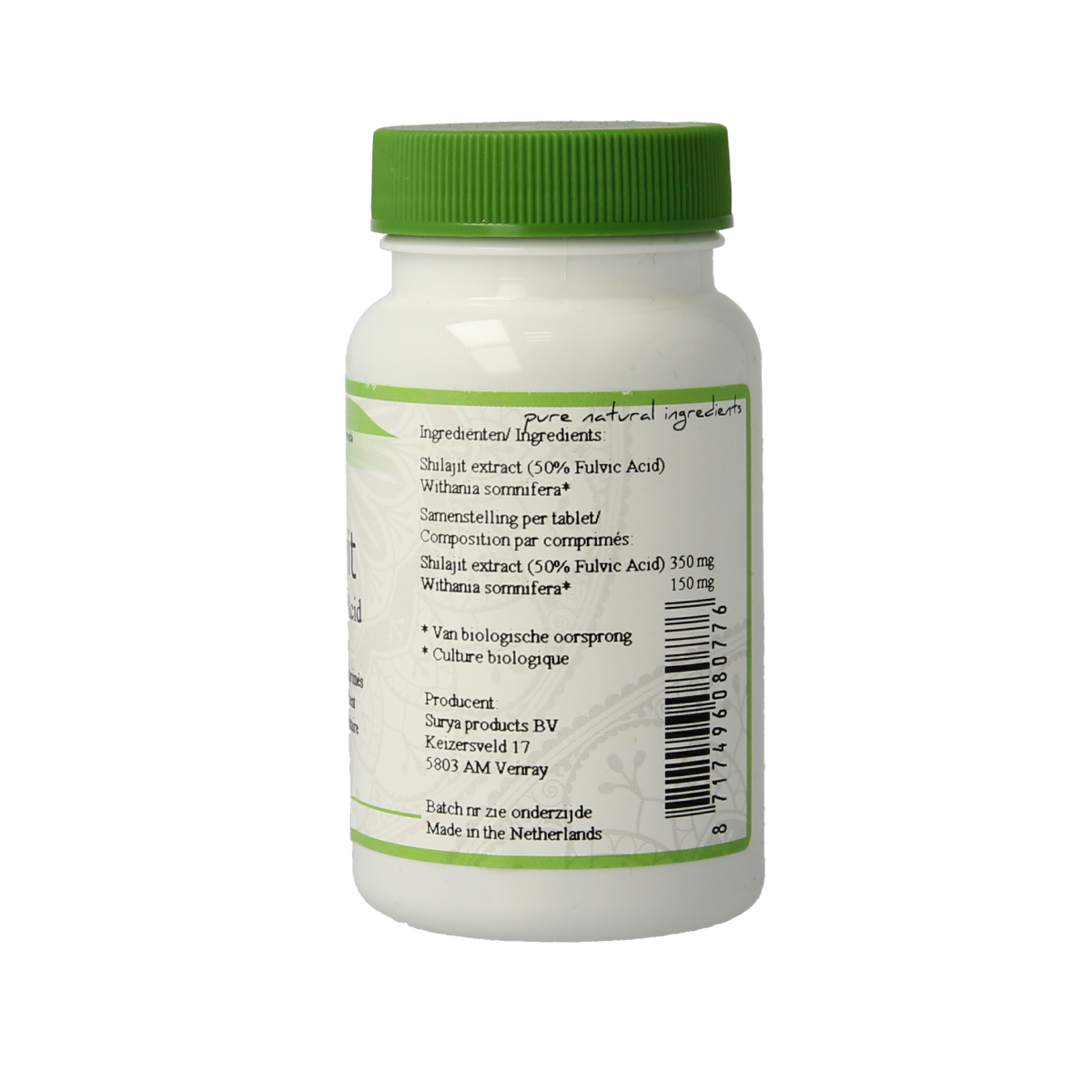 Surya Shilajit herbal supplement in a bottle with 60 tablets, natural ingredients, and packaging visible.