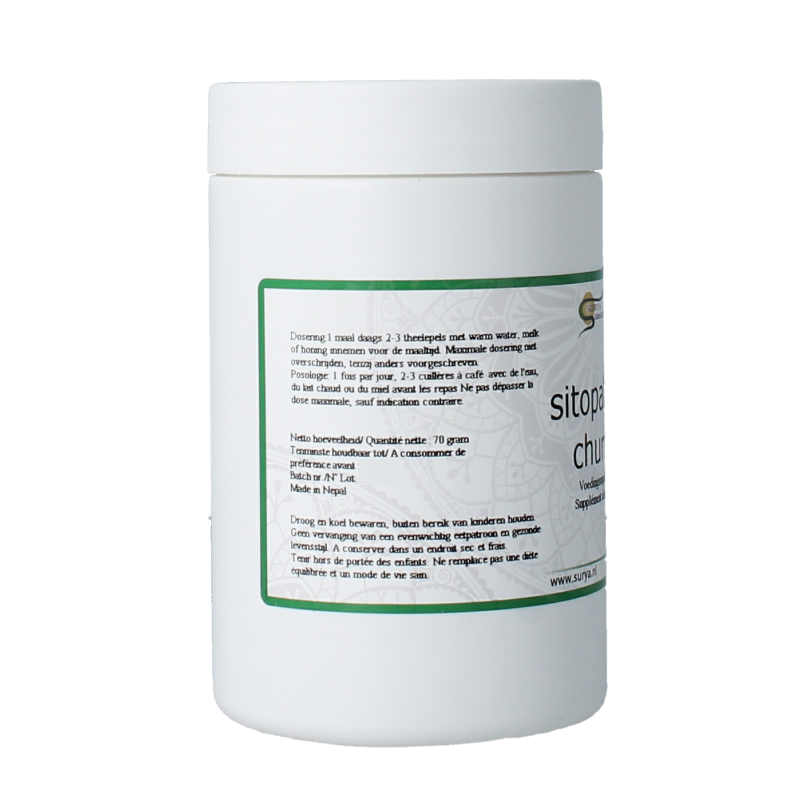 Surya Sitopaladi Churna herbal powder in a 70g package, used as a traditional herbal remedy in kruidenpreparaten.