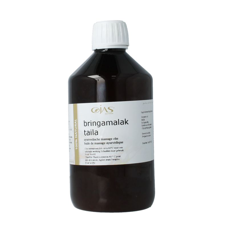 Ojas Bringamalak taila 500ml bottle, natural body oil for skincare, with a clear label and golden oil inside.