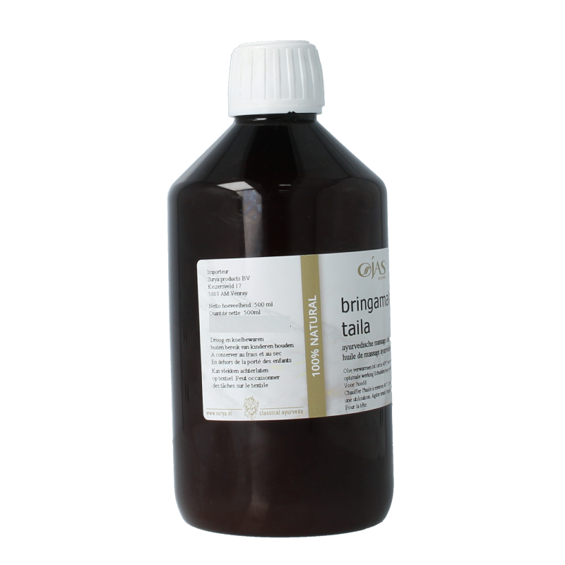 Ojas Bringamalak taila 500ml bottle for body care, with a natural oil appearance and label showing branding and product details.