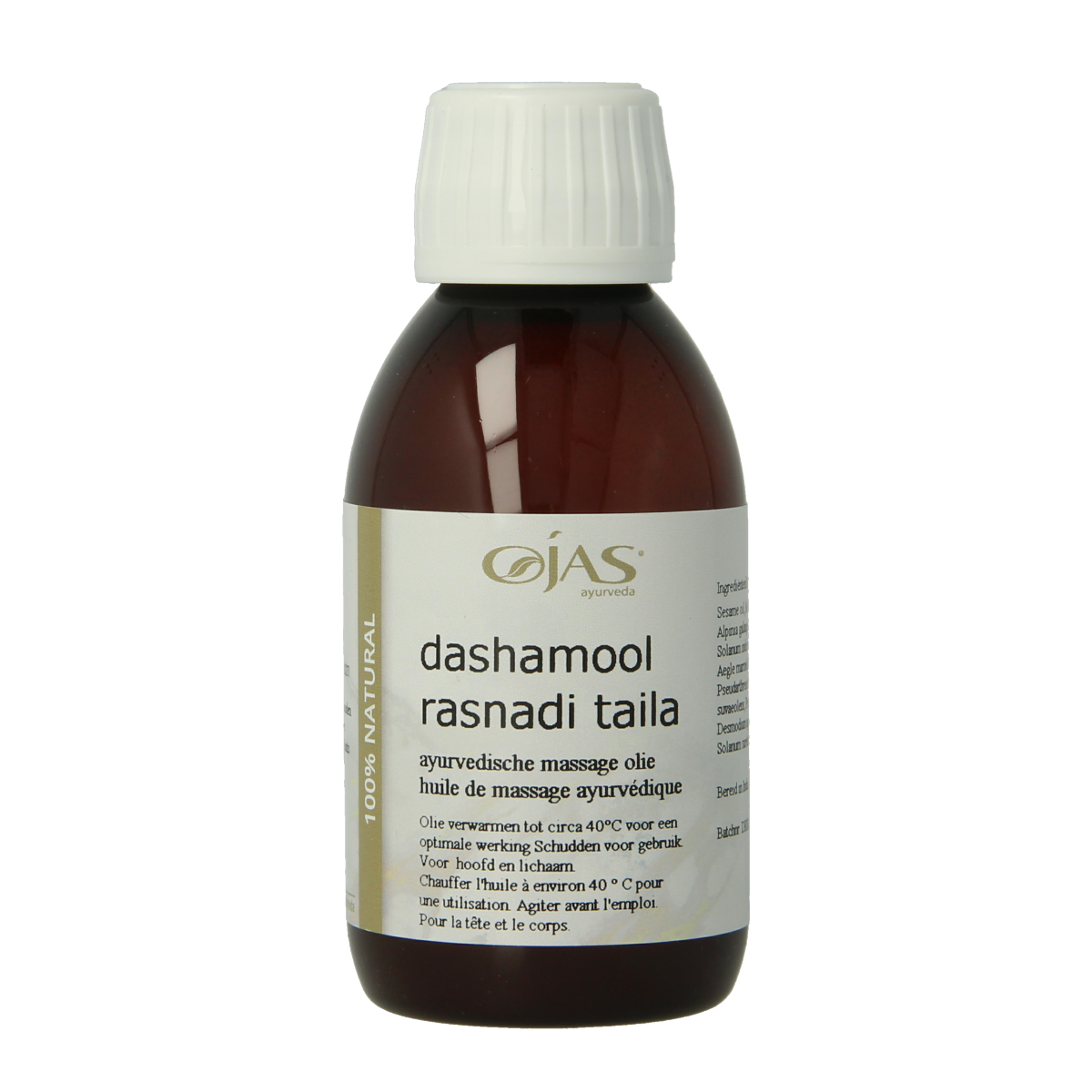 Ojas Dashamool Rasnadi Taila 150ml, natural body care oil with herbal ingredients, shown in a transparent bottle.