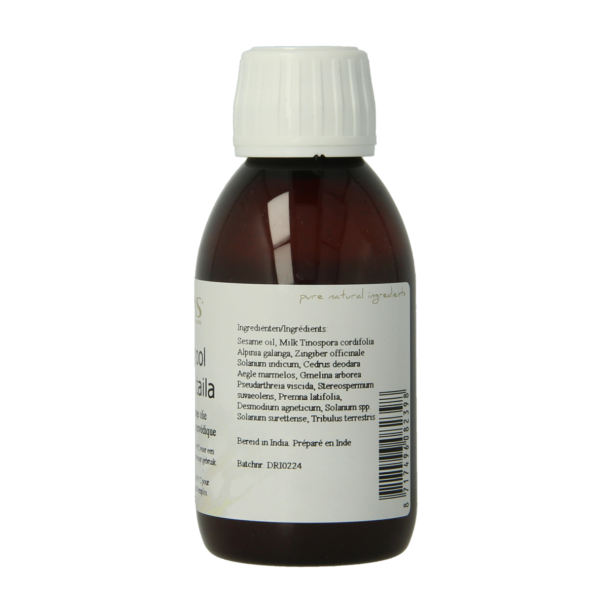 Ojas Dashamool Rasnadi Taila 150ml in a clear bottle, traditional herbal body oil for natural skin care and body massage.
