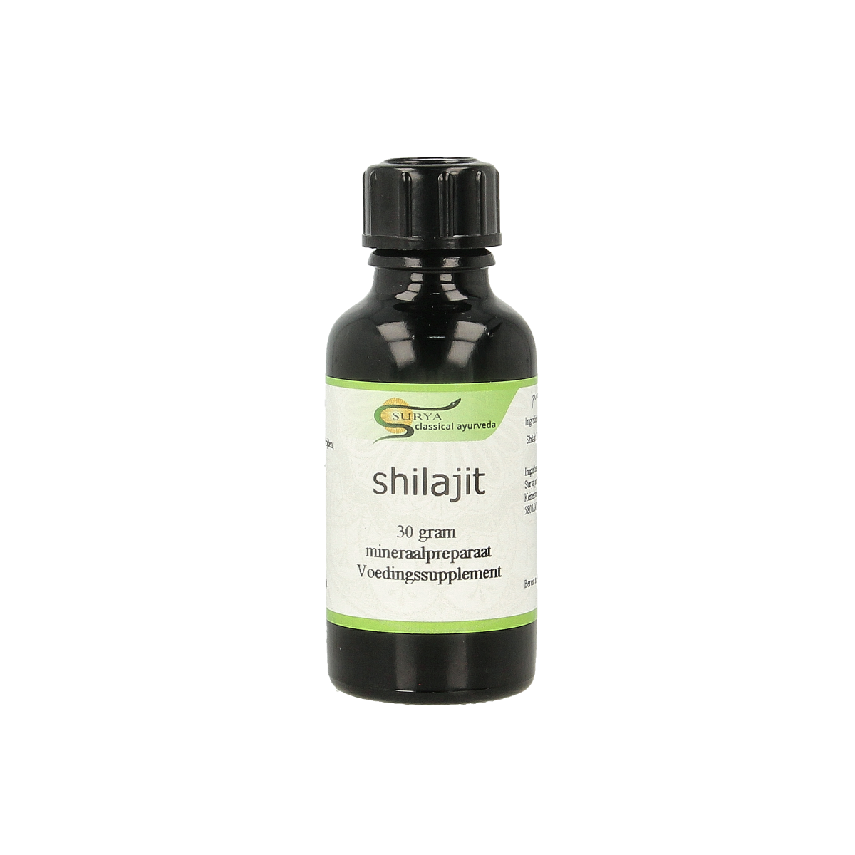 Surya Shilajit liquid in a 30g bottle, herbal supplement from Surya, with a dark resin-like appearance and dropper for dosing.