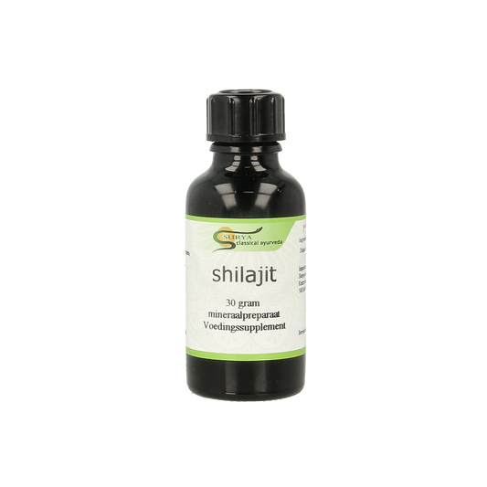 Surya Shilajit liquid in a 30g bottle, herbal supplement from Surya, with a dark resin-like appearance and dropper for dosing.