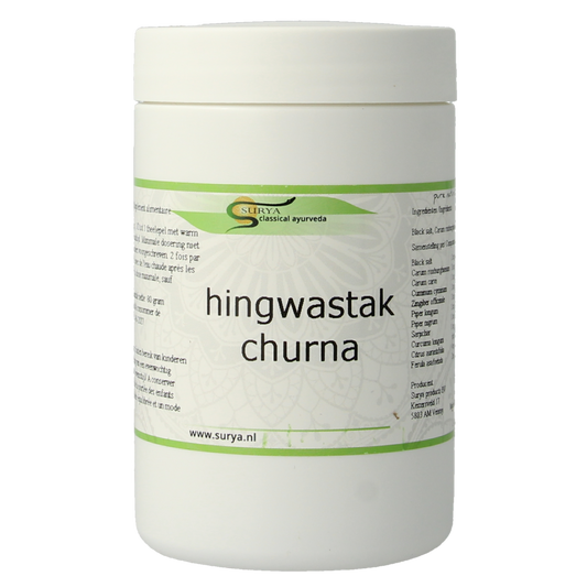 Surya Hingwastak churna 80g herbal powder in a clear jar, showcasing traditional Kruidenpreparaten packaging and label.