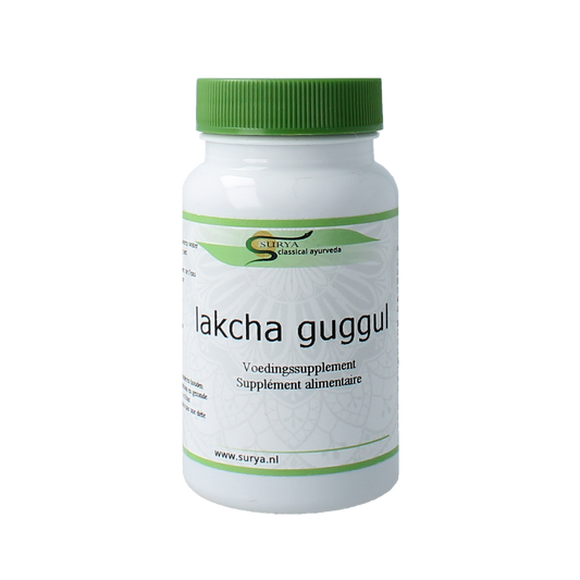 Surya Lakcha Guggul herbal tablets in a blister pack, natural herbal supplement from Surya for overall wellness.
