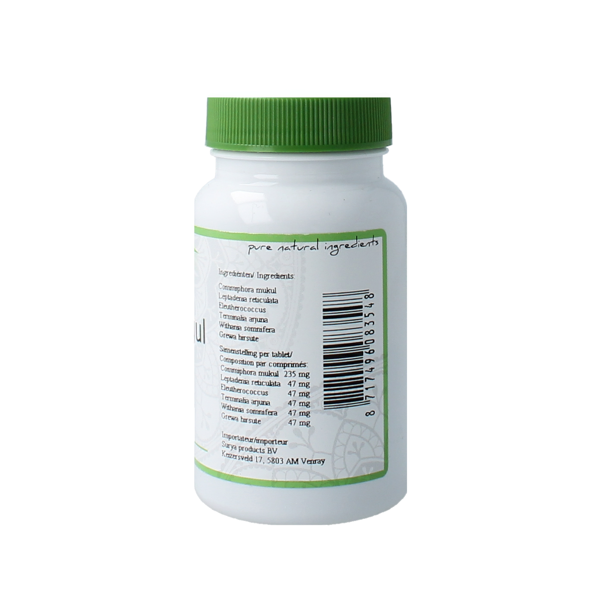 Surya Lakcha Guggul herbal supplement tablets in a bottle, part of Surya's kruidenpreparaten product line.