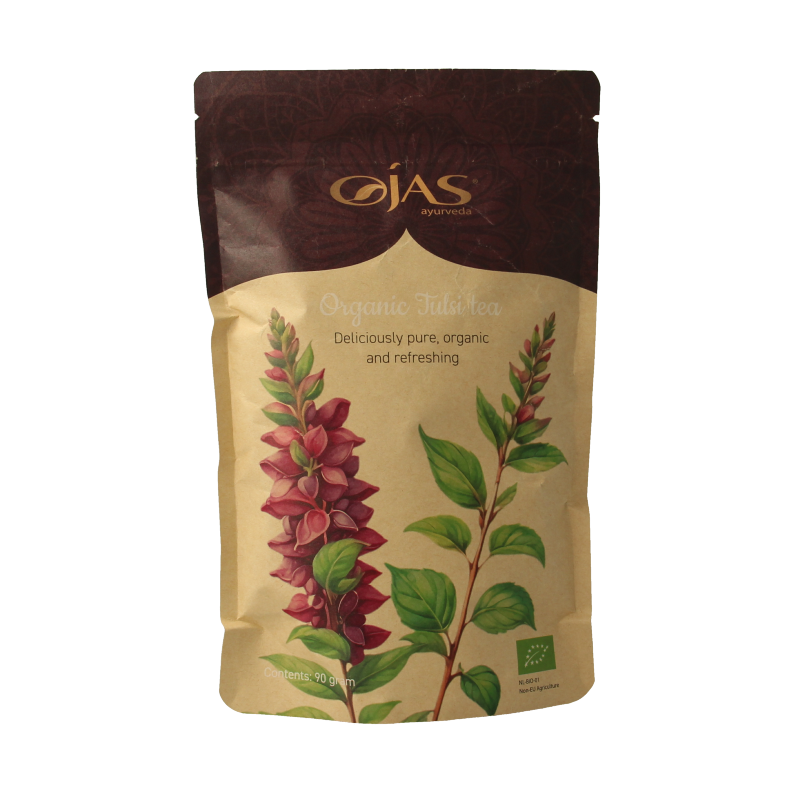 Ojas Tulsi bio kruidenpreparaten in 90 gram package, fresh organic basil leaves for herbal tea and wellness.