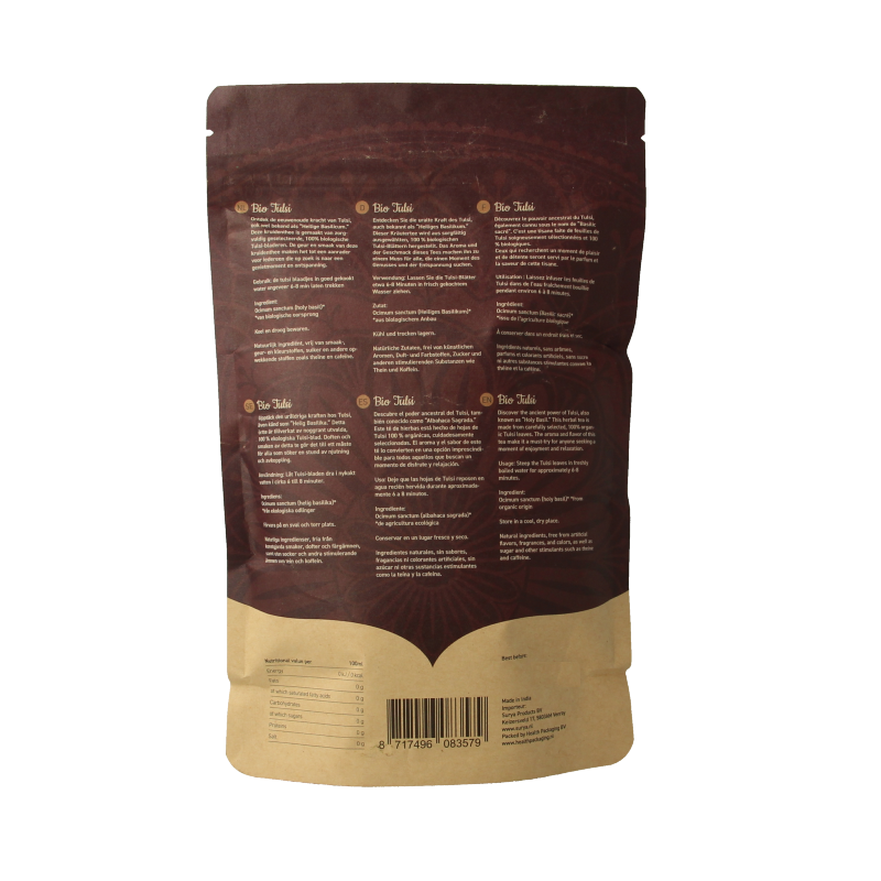 Ojas Tulsi bio kruidenpreparaten in 90 gram package, fresh green dried tulsi leaves for herbal remedies.