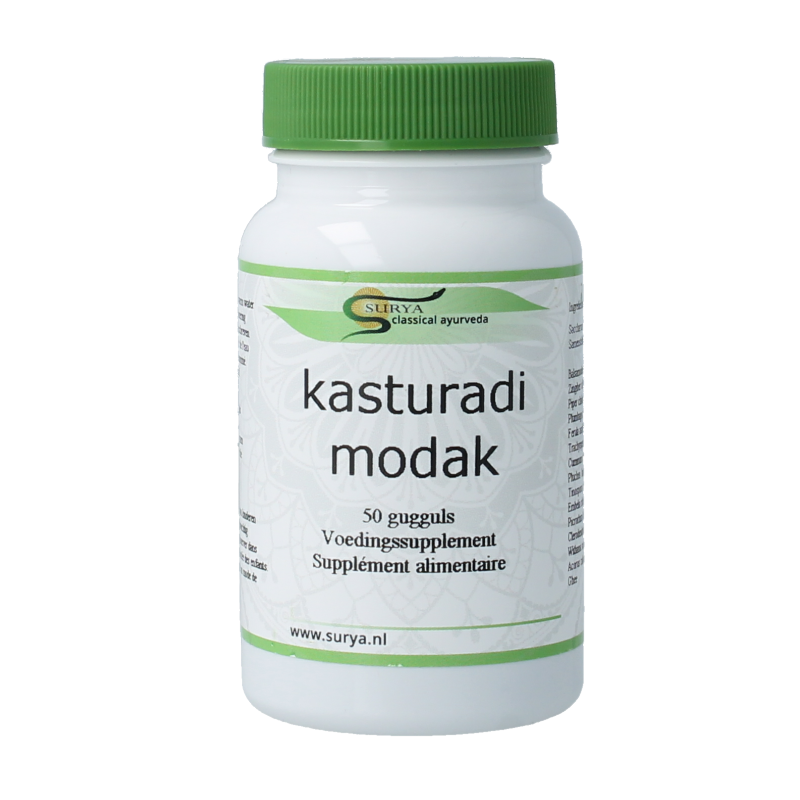 Surya Kasturadi Modak herbal remedy pack with 50 pieces, traditional kruidenpreparaten for wellness and natural health.