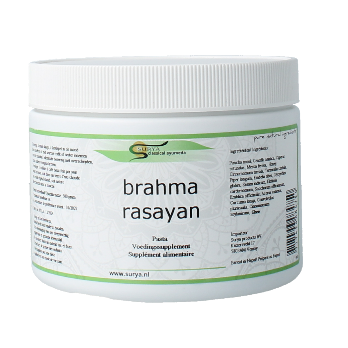 Surya Brahma Rasayan herbal supplement in 500g packaging, traditional kruidenpreparaten from Surya.
