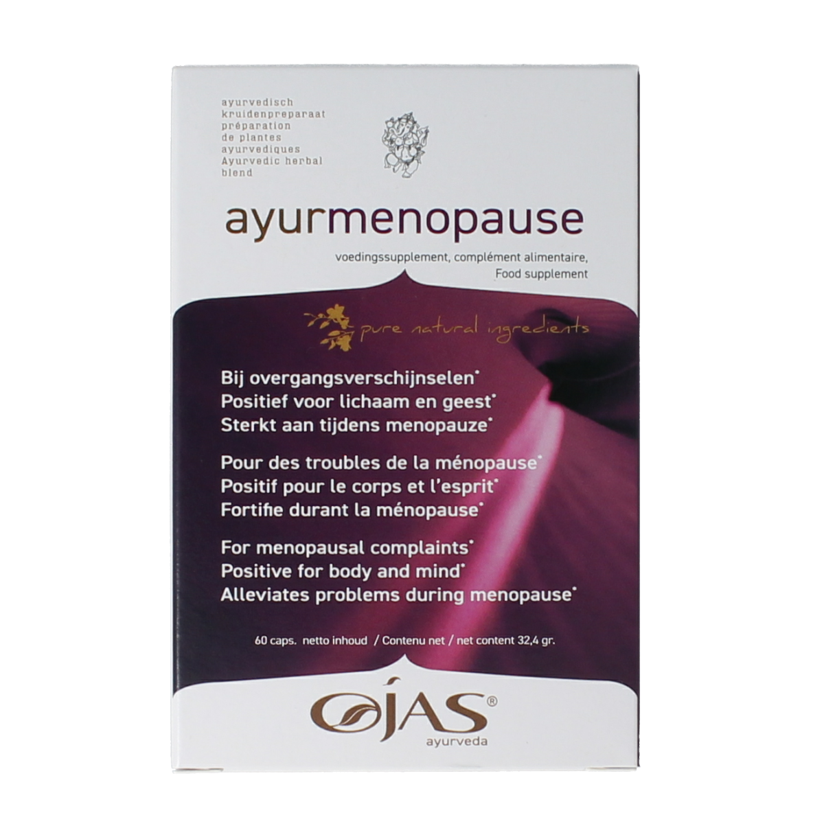 Ojas Ayurmenopause herbal capsules in a bottle, vegetarian dietary supplement for menopause relief.