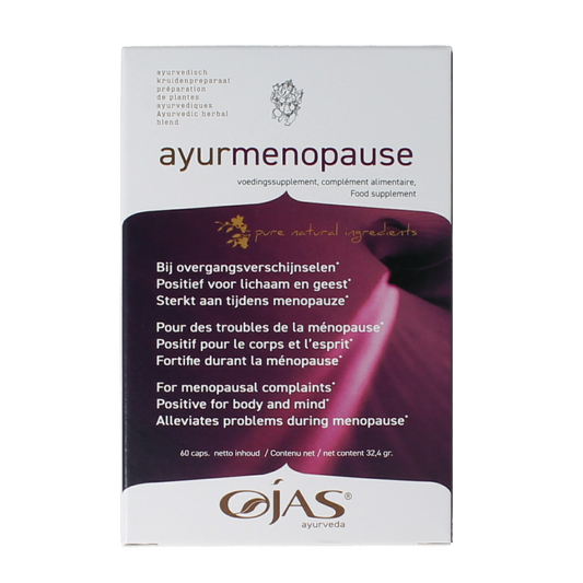 Ojas Ayurmenopause herbal capsules in a bottle, vegetarian dietary supplement for menopause relief.