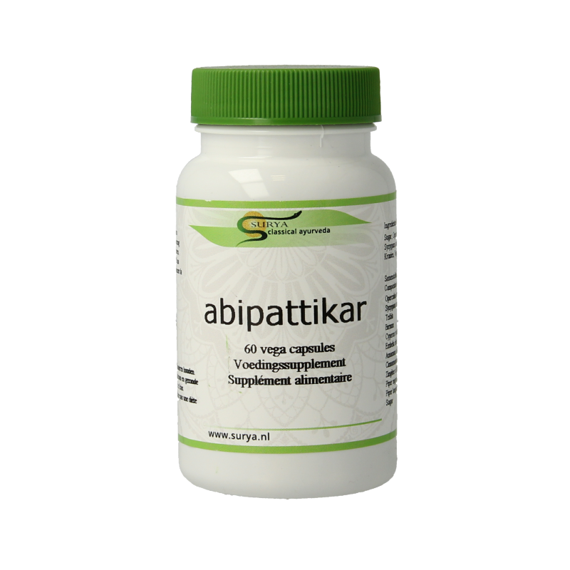 Surya Abipattikar Surya 60 vegetarian herbal capsules in a clear container, showcasing the supplement packaging.