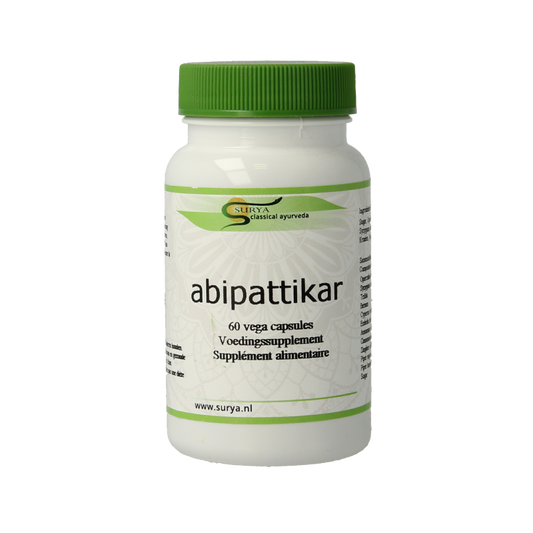 Surya Abipattikar Surya 60 vegetarian herbal capsules in a clear container, showcasing the supplement packaging.