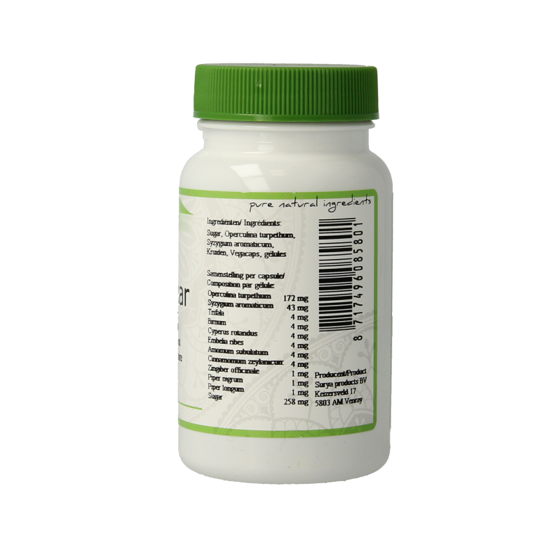 Surya Abipattikar Surya 60 vegetarian herbal capsules in a clear bottle with label, designed for herbal supplement use.