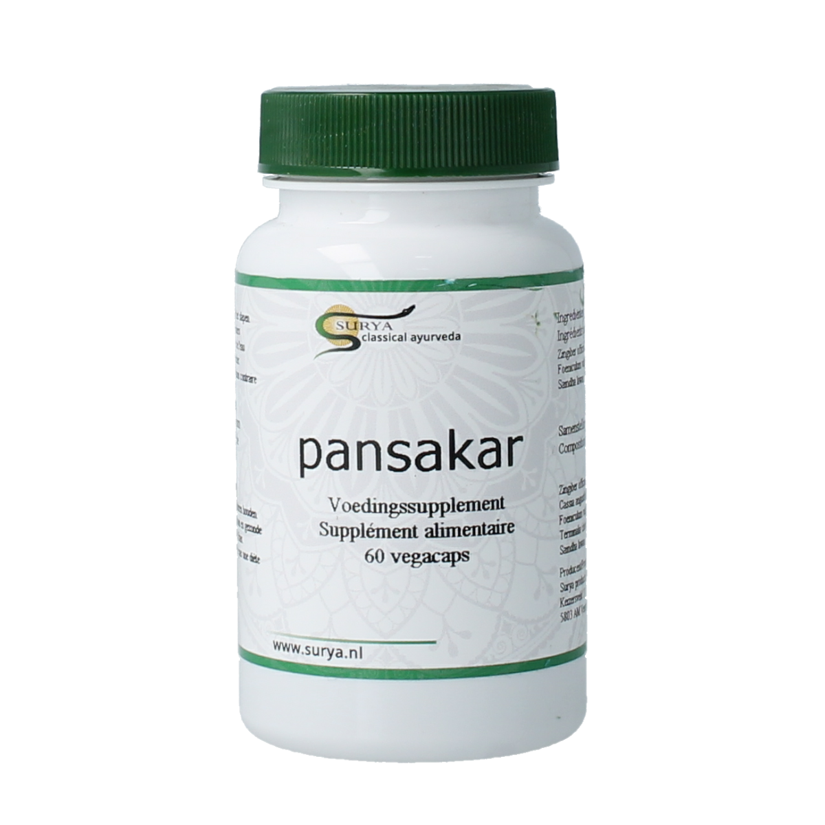 Surya Pansakar Kruidenpreparaten capsules in a bottle, herbal supplement from Surya brand.