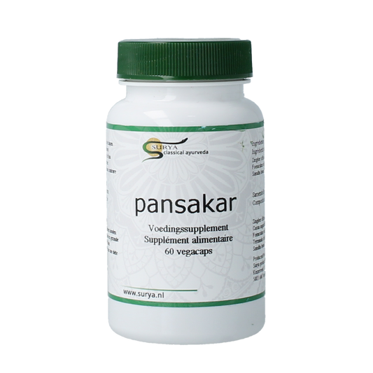 Surya Pansakar Kruidenpreparaten capsules in a bottle, herbal supplement from Surya brand.