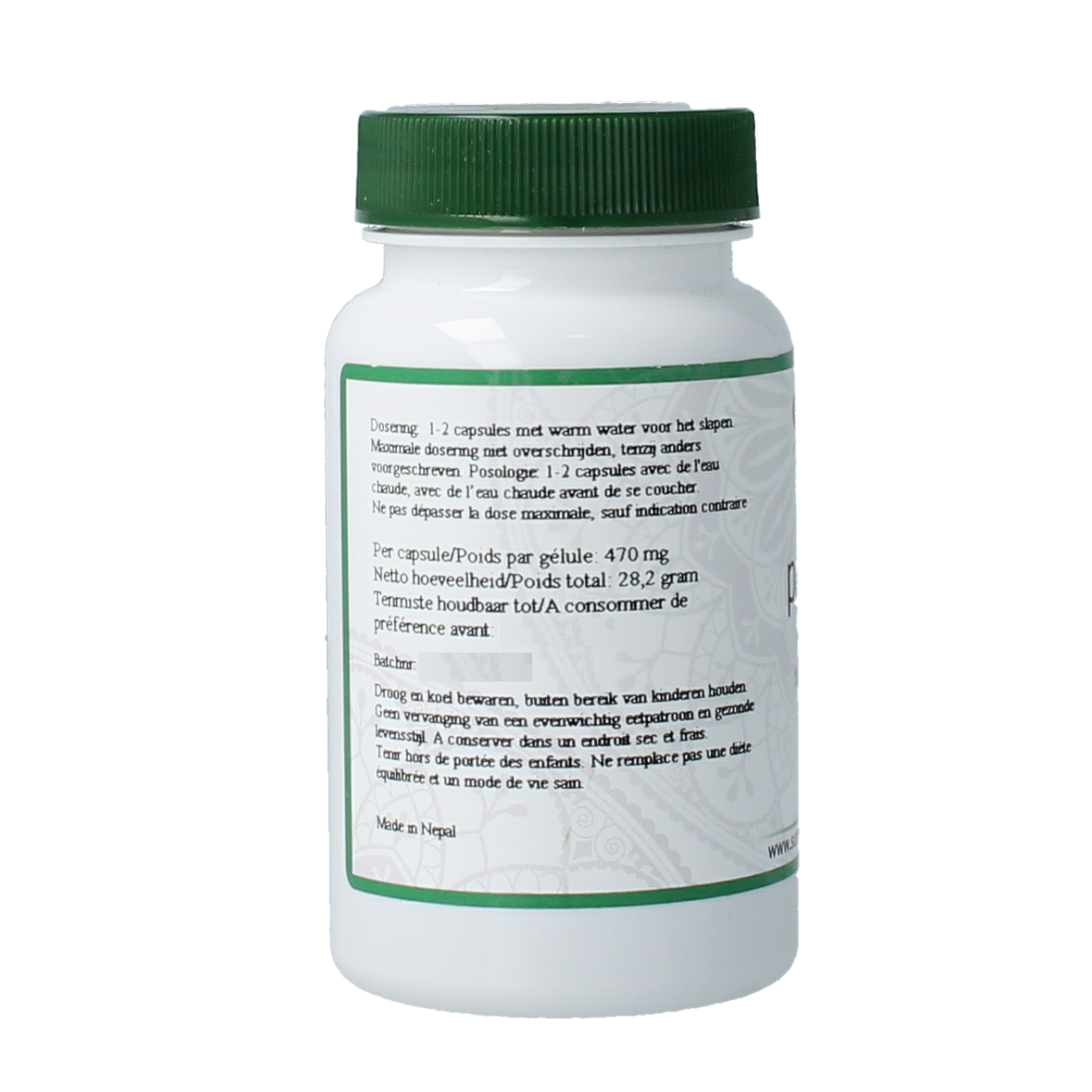 Surya Pansakar Kruidenpreparaten capsules in a clear container, showing 60 capsules of herbal supplement.