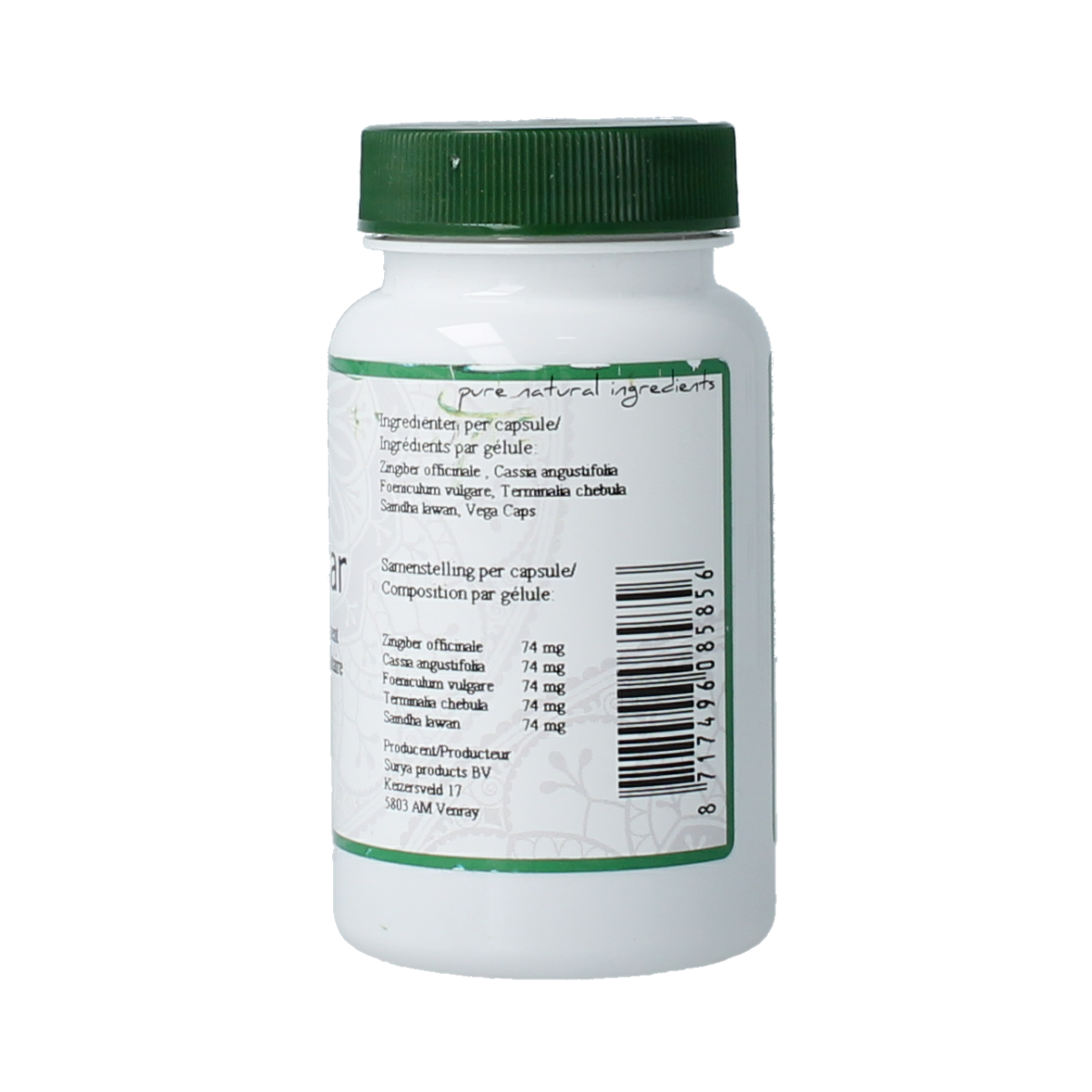 Surya Pansakar Kruidenpreparaten capsules in a bottle, natural herbal supplement, 60 capsules, health product by Surya