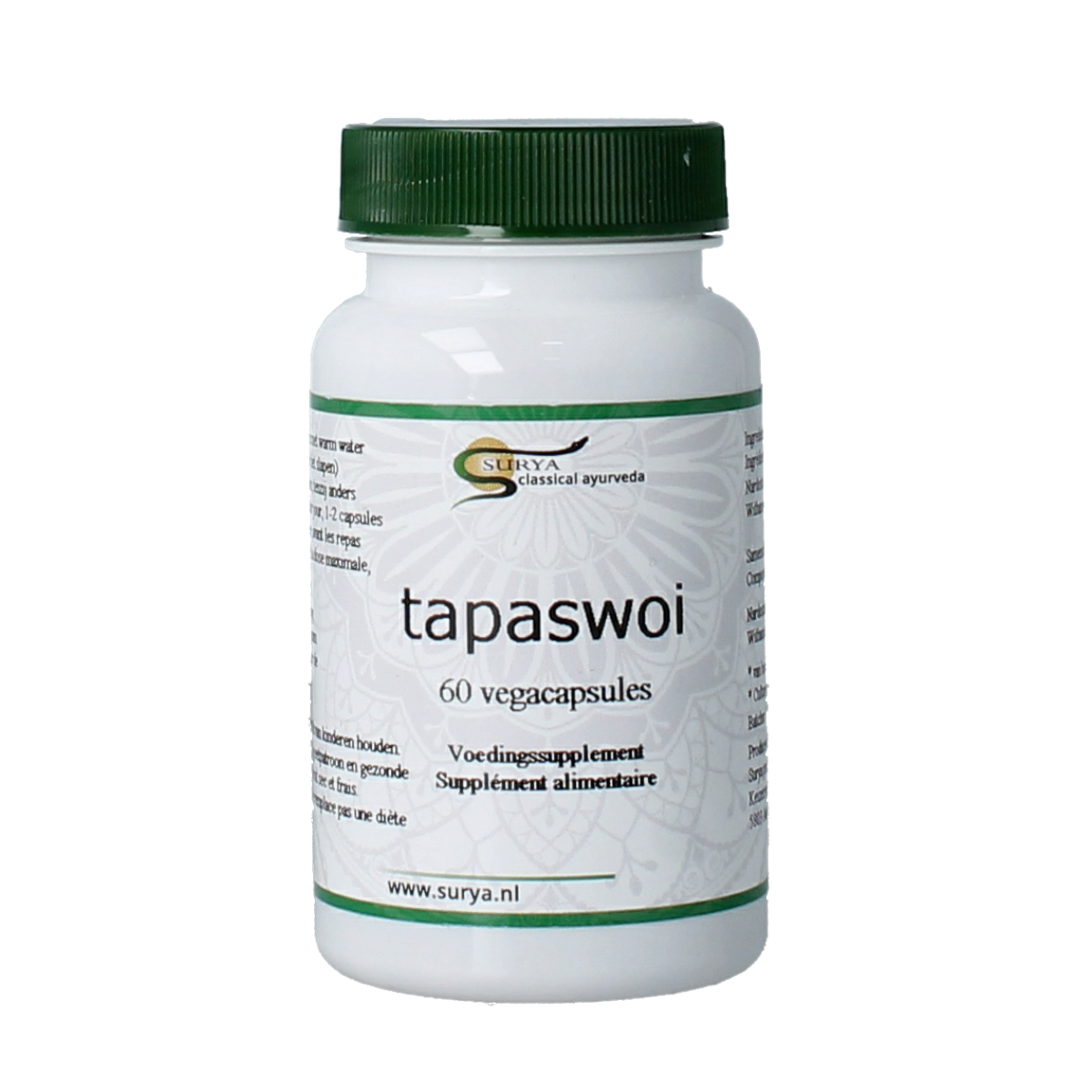Surya Tapaswoi 60 capsules, herbal supplement in a white bottle with label, used for traditional herbal remedies.