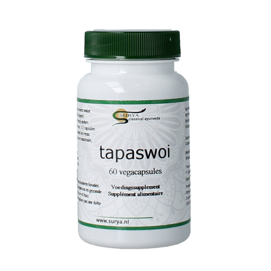 Surya Tapaswoi 60 capsules, herbal supplement in a white bottle with label, used for traditional herbal remedies.