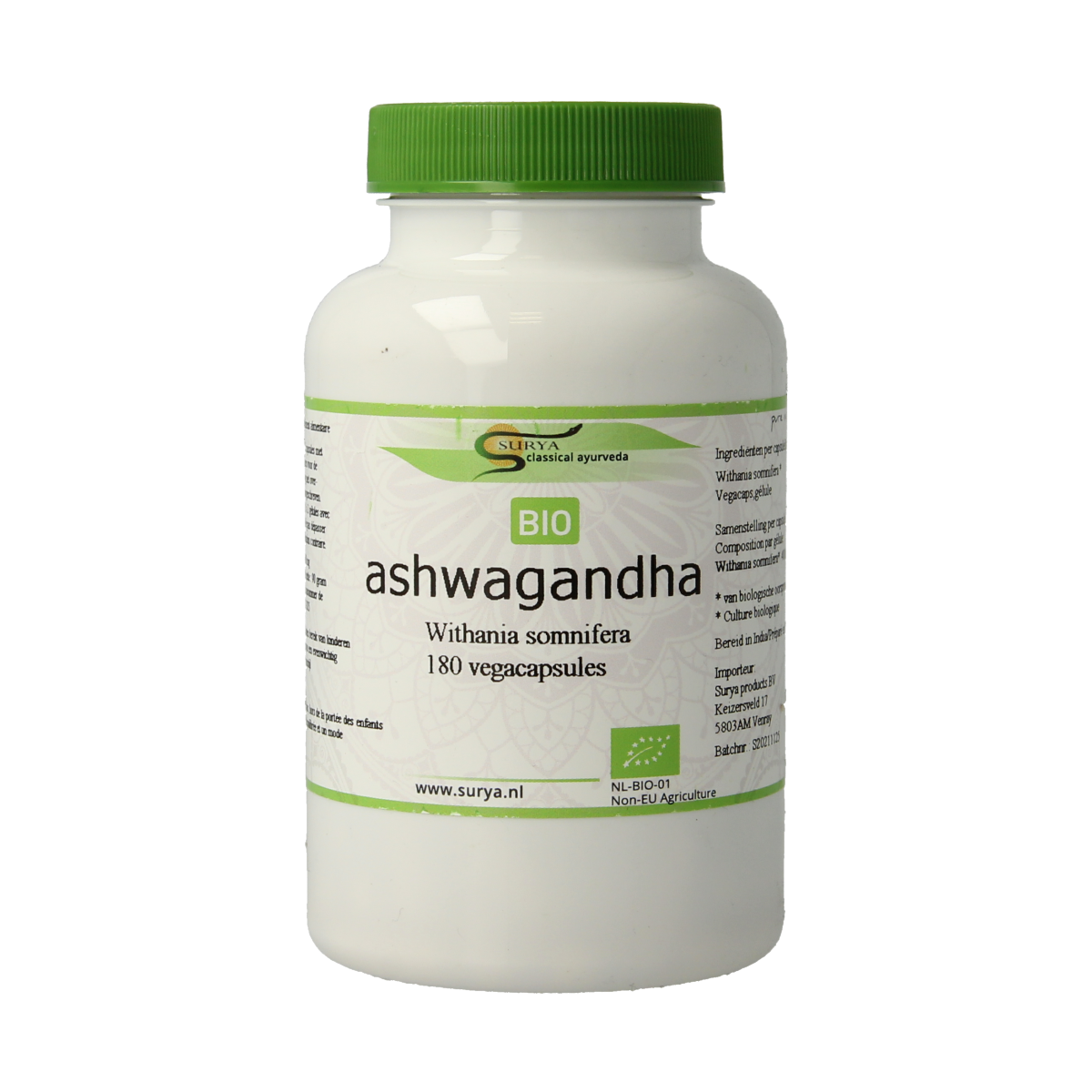 Surya Ashwagandha bio vegetarian capsules, herbal supplement in clear bottle with label, on a white background.