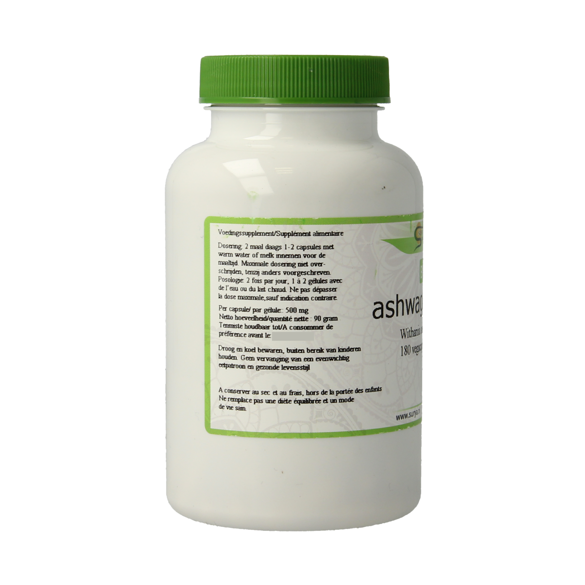 Surya Ashwagandha bio vegetarian capsules, herbal supplement in a white bottle with label showing product details.