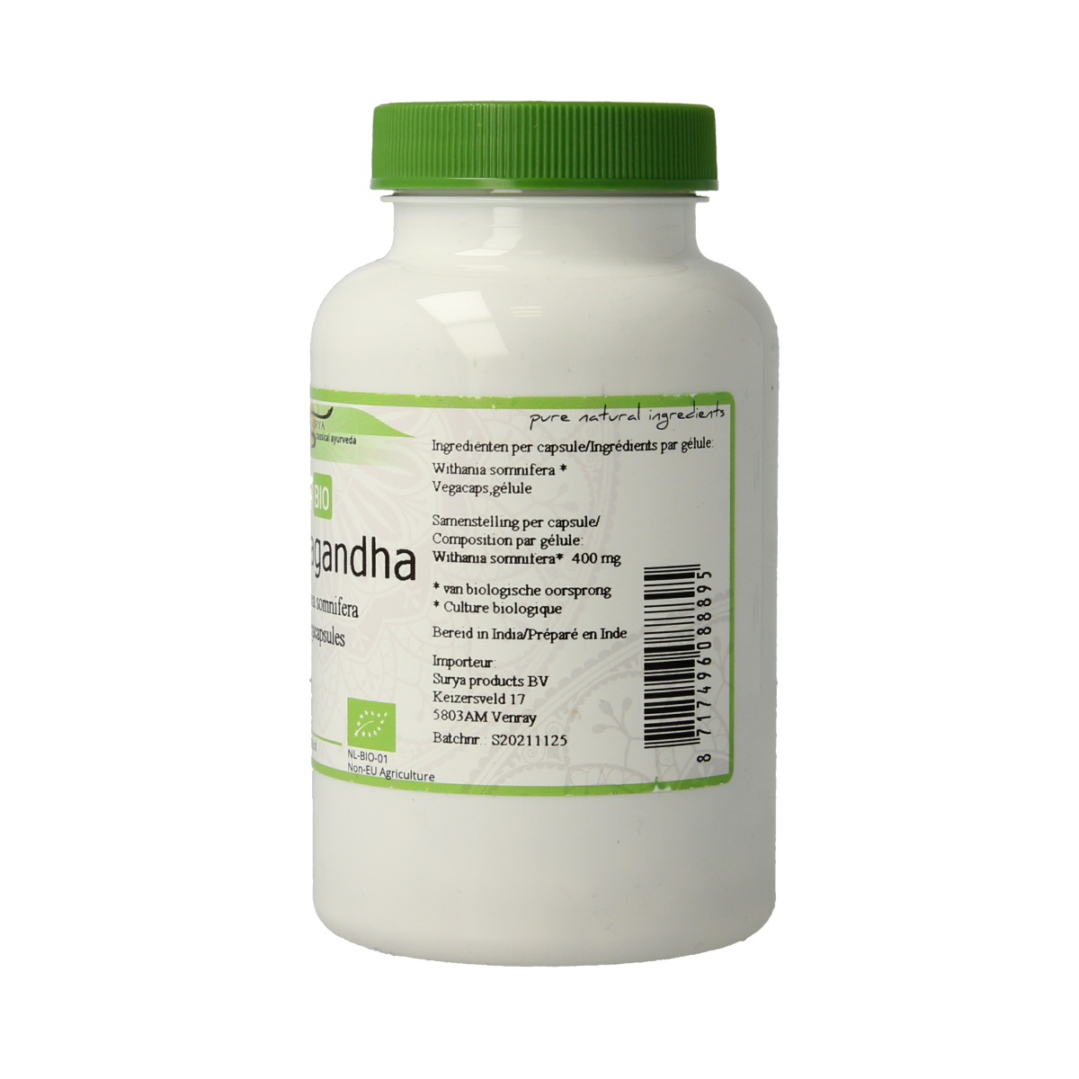 Surya Ashwagandha bio vegetarian capsules, herbal supplement bottle with green label and capsules inside.