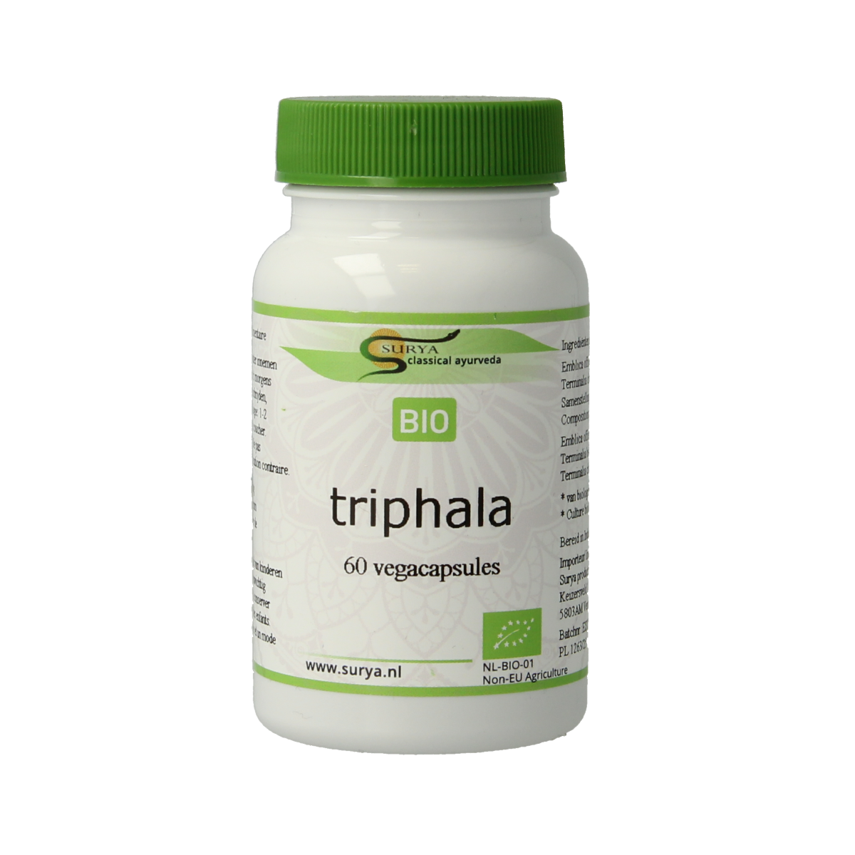 Surya Bio Triphala vegetarian capsules in a bottle, herbal supplement for digestive health, with green and white packaging.
