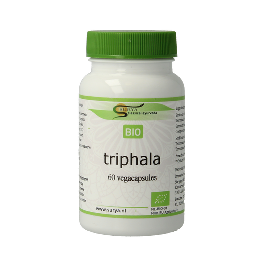 Surya Bio Triphala vegetarian capsules in a bottle, herbal supplement for digestive health, with green and white packaging.